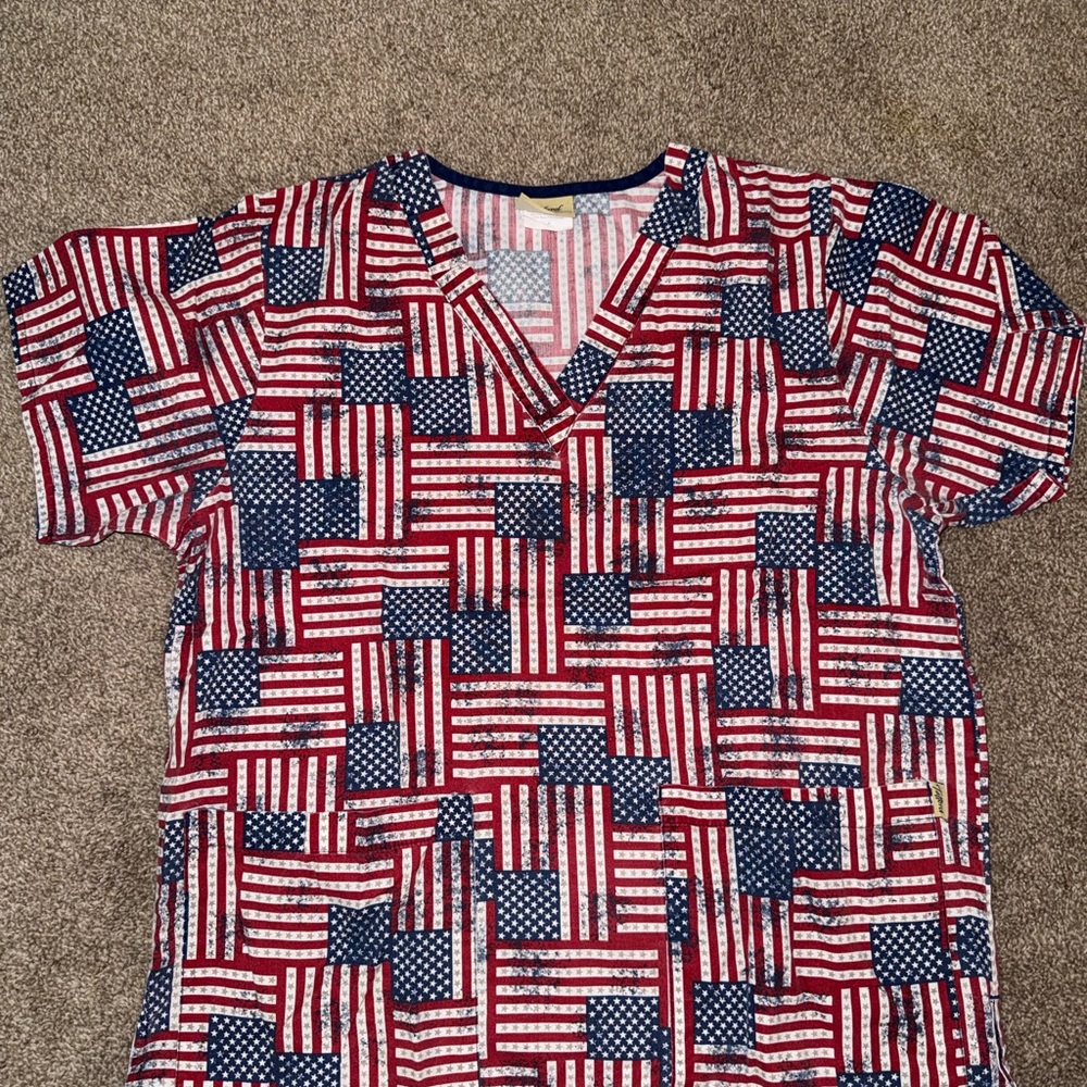 Patriotic Scrub Top with American Flag Design